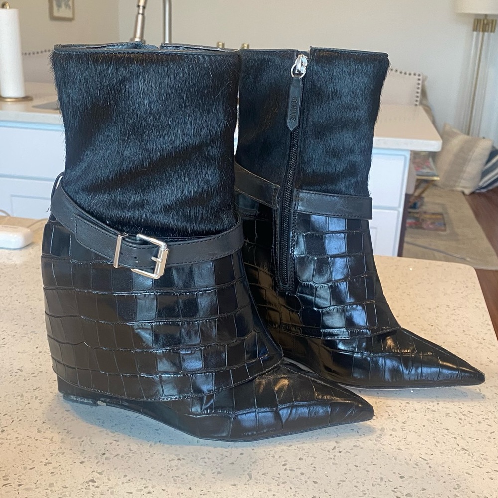 SCHUTZ Jorian Crocodile Embossed Leather Bootie